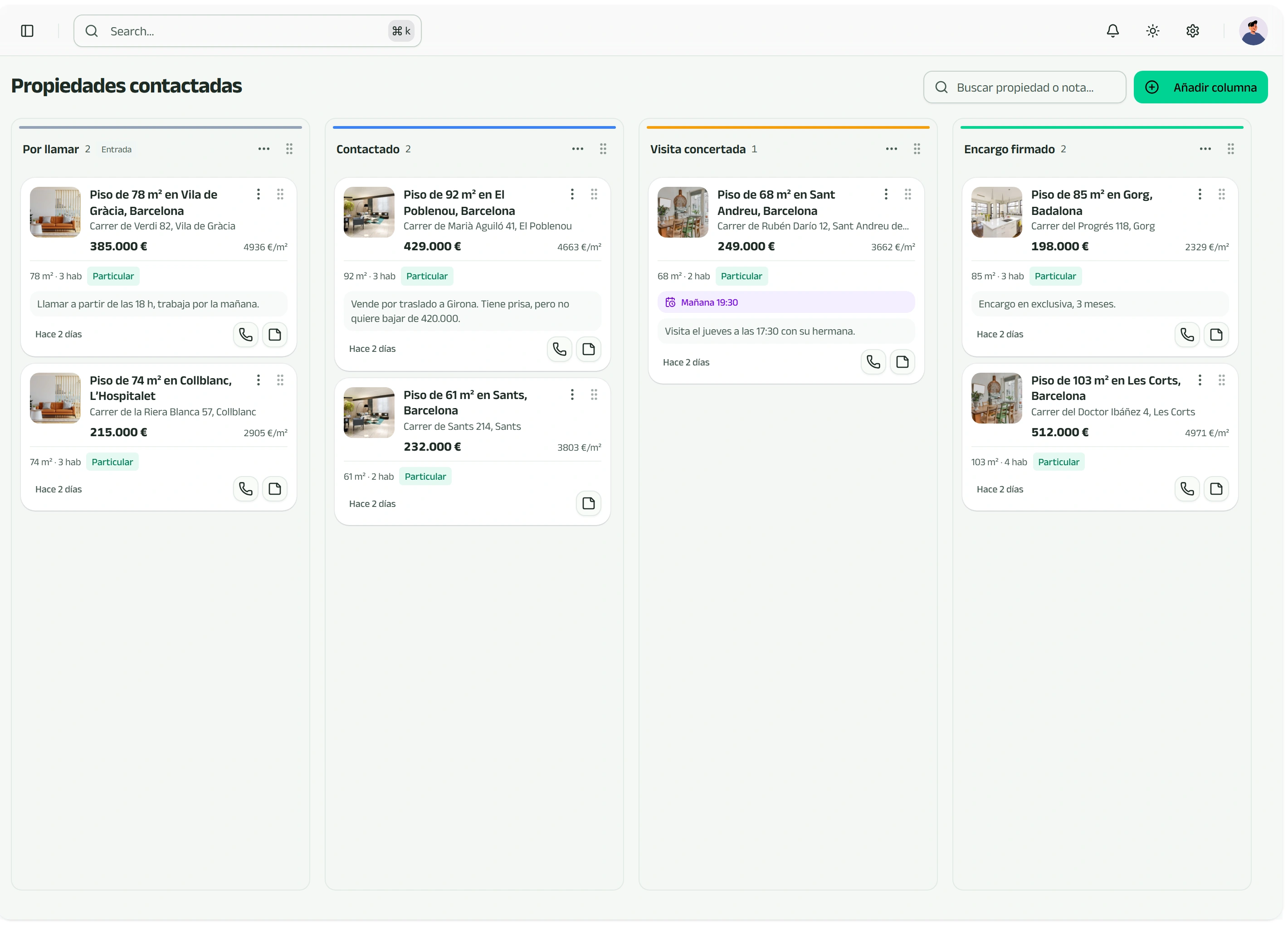 Tablero de leads de Kaptalo, con las tarjetas por fase de captación