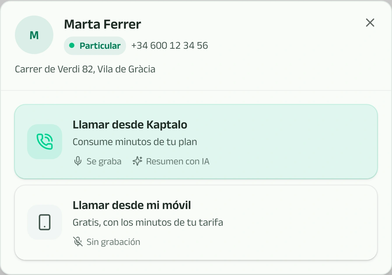 Diálogo para elegir si la llamada sale de Kaptalo o del móvil