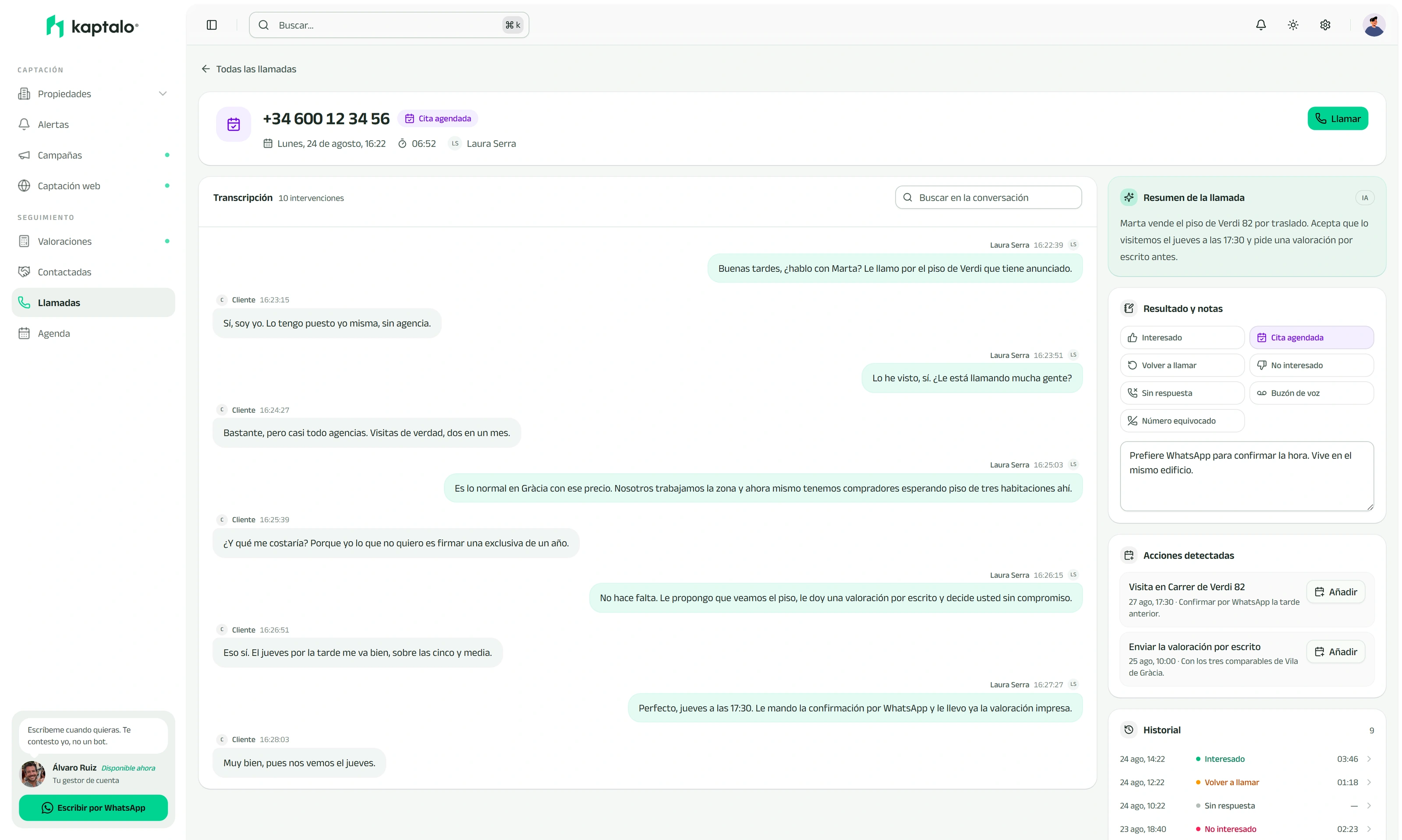 Detalle de una llamada con su transcripción y su resumen