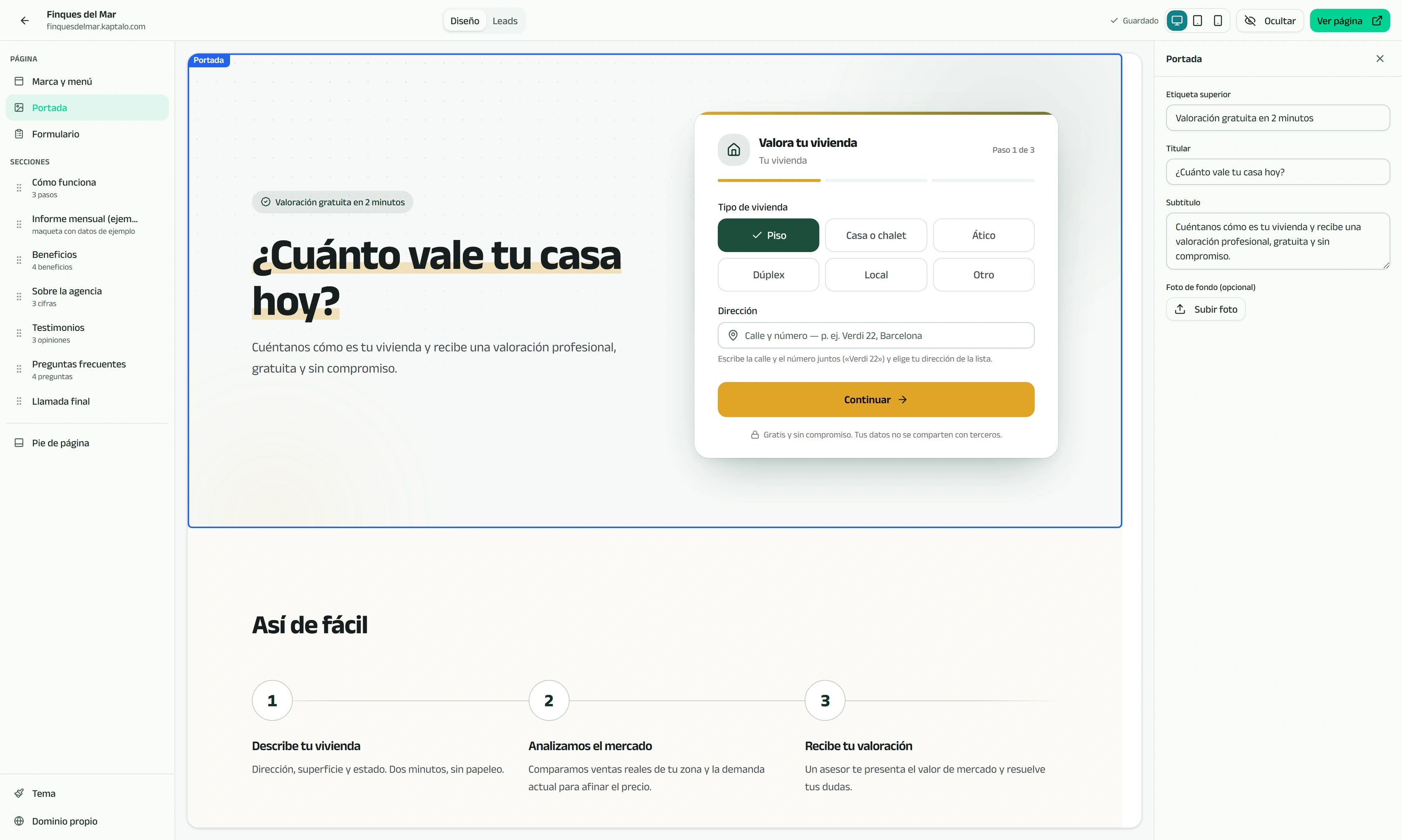 Editor de la página de captación con la marca de la agencia